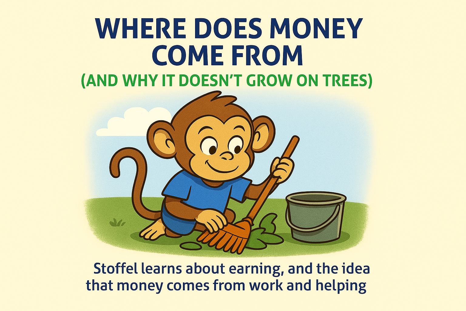 Cartoon monkey raking leaves with a bucket, symbolizing how kids learn that money is earned through effort