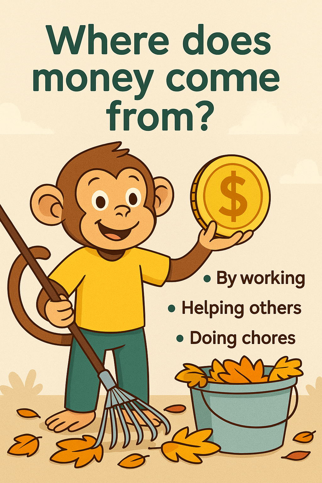 Cartoon monkey raking leaves with a bucket, symbolizing how kids learn that money is earned through effort